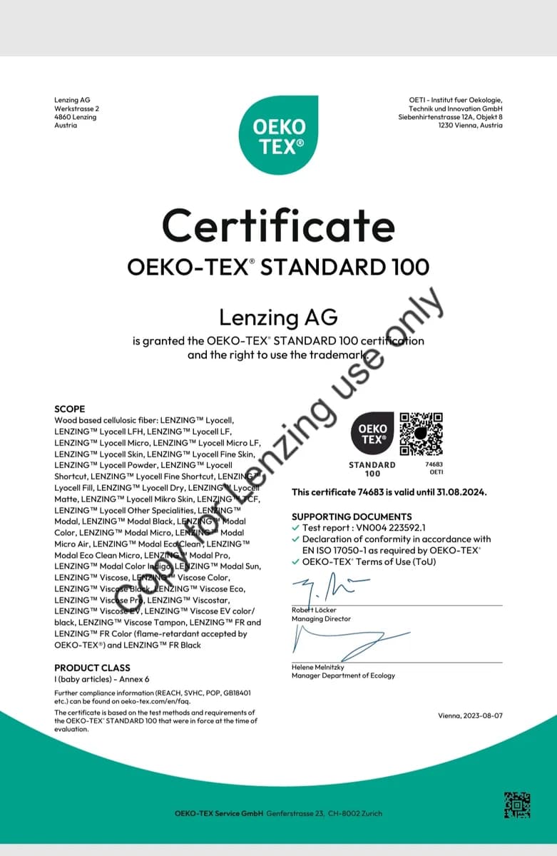 Tencel Oeko-Tex 인증서