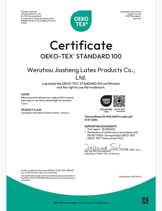 Pillow Oeko-Tex 2025 인증서